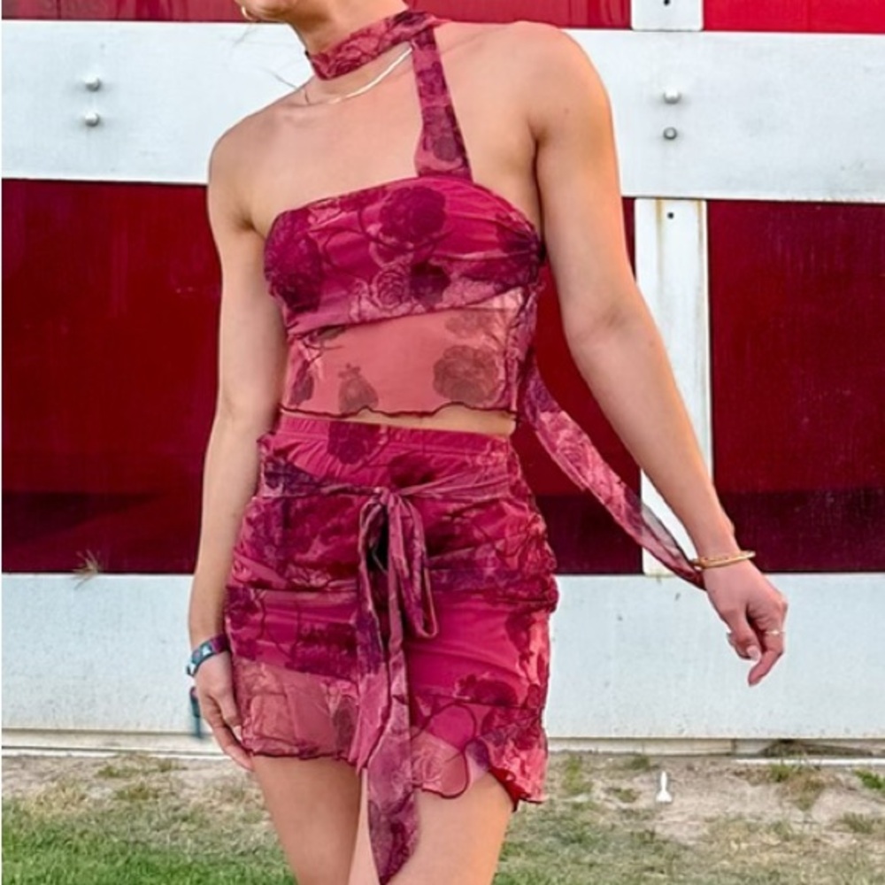Cider Festival Floral Burgundy Skirt Set XS
